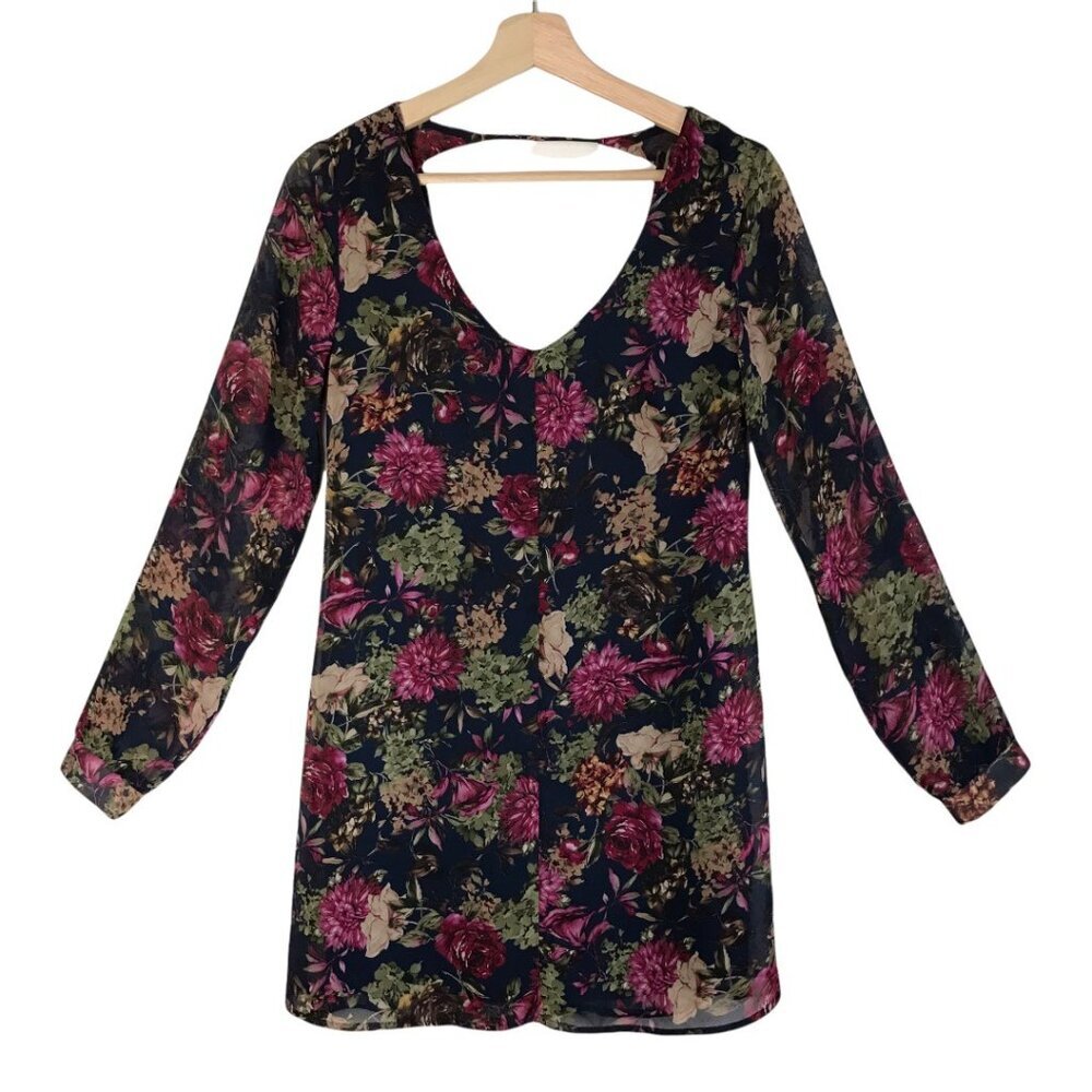 ASTR Navy/Black Floral Long Sleeve Mini Shift Dress Size Small - Picture 3 of 9